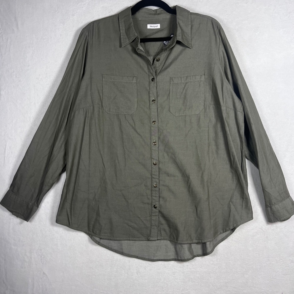 Westport Womens 1X Olive Green Floral Embroidered Back Button Down Shirt Top